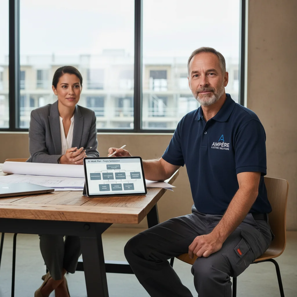Electrician reviewing a simple AI workflow plan in a professional office