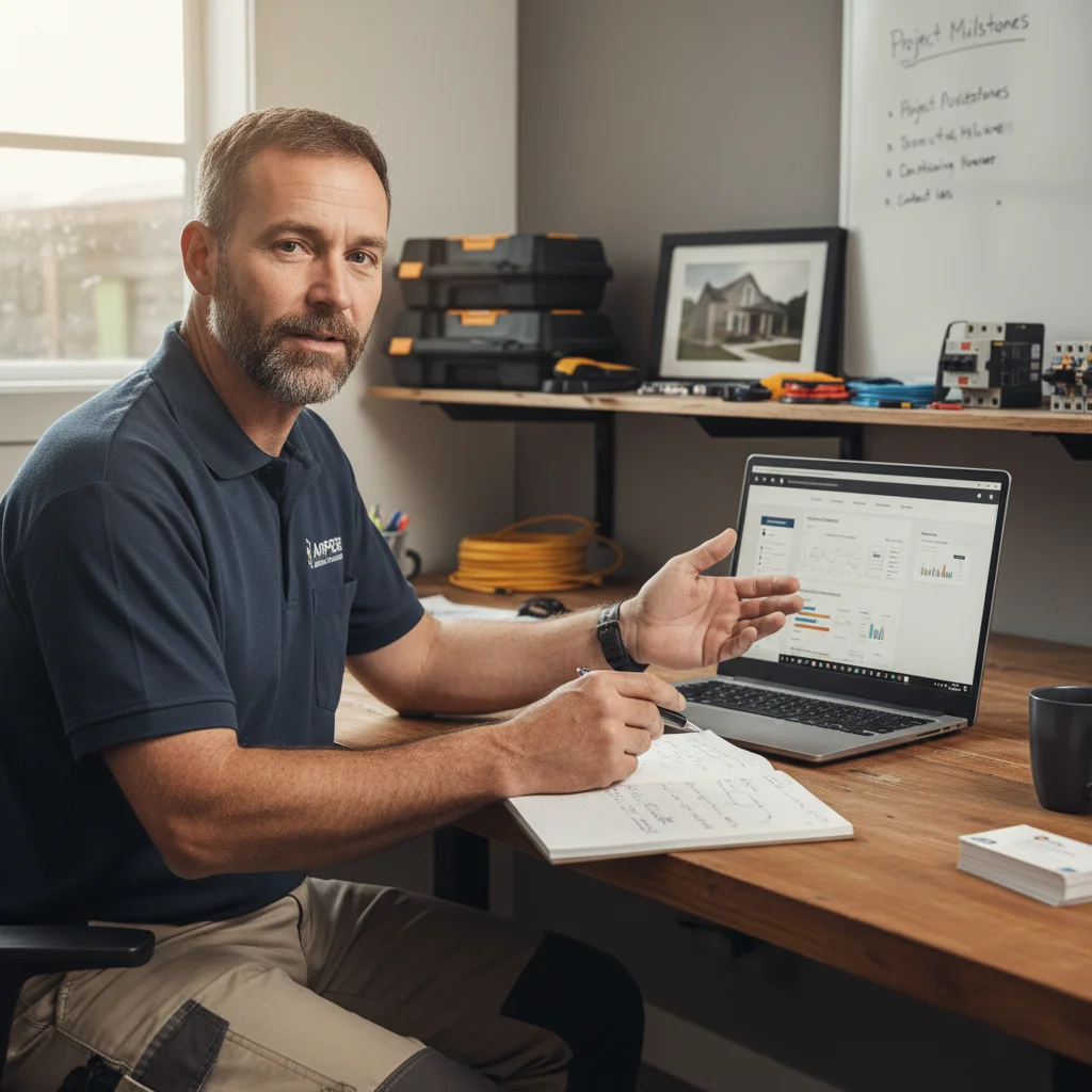 Electrician reviewing website strategy and workflow improvements on a laptop