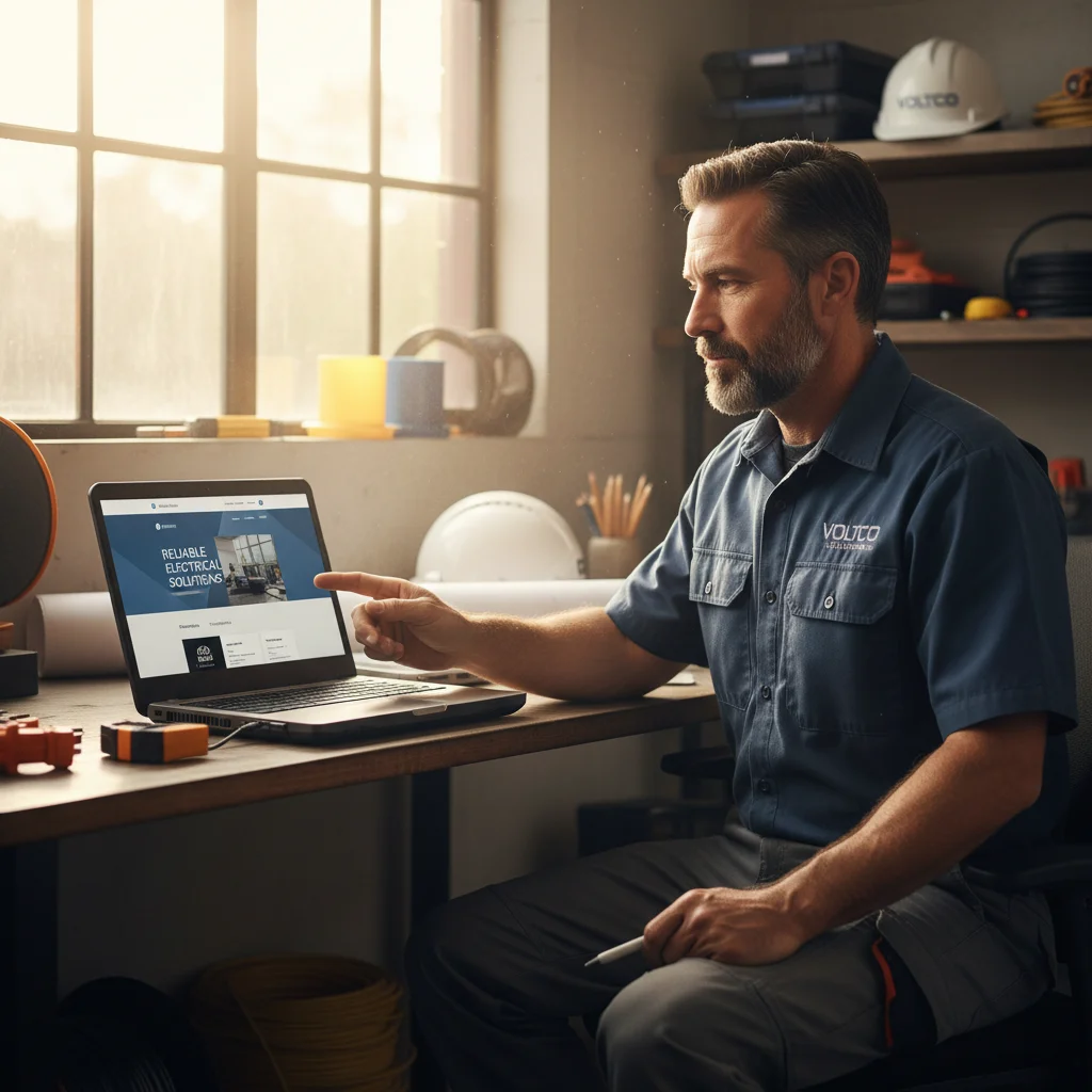 Electrician reviewing a clean website layout on a laptop