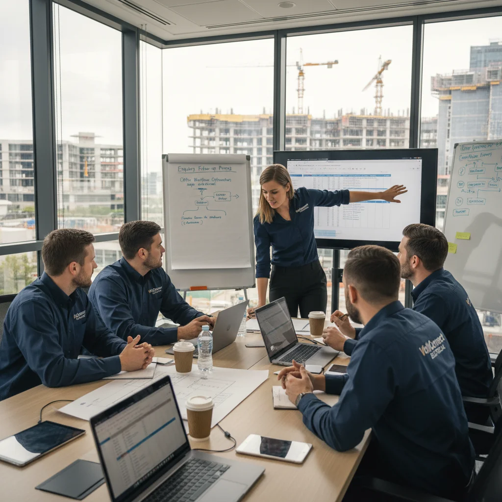 Small electrical team discussing enquiry follow-up and office workflow