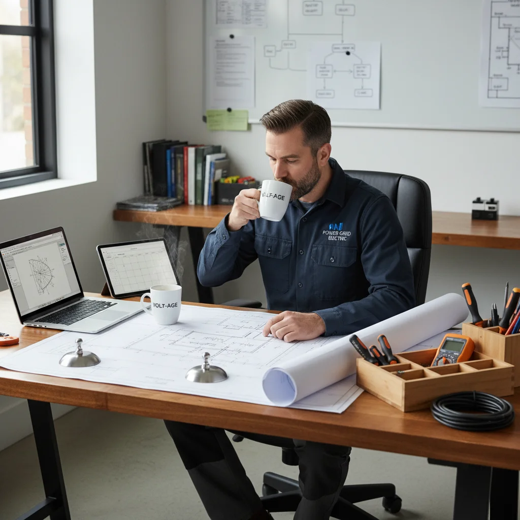 Electrician at a desk with plans and laptop