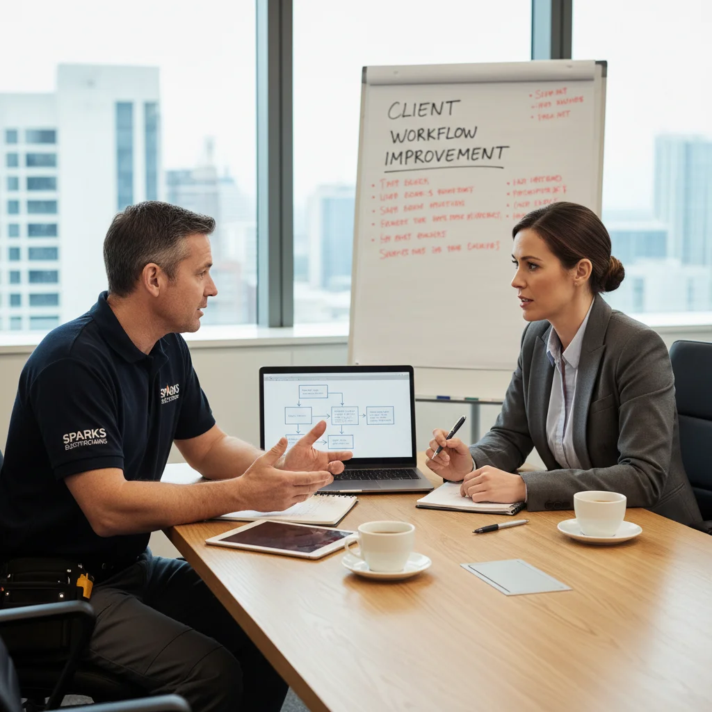 Electrician and office manager discussing client workflow improvement