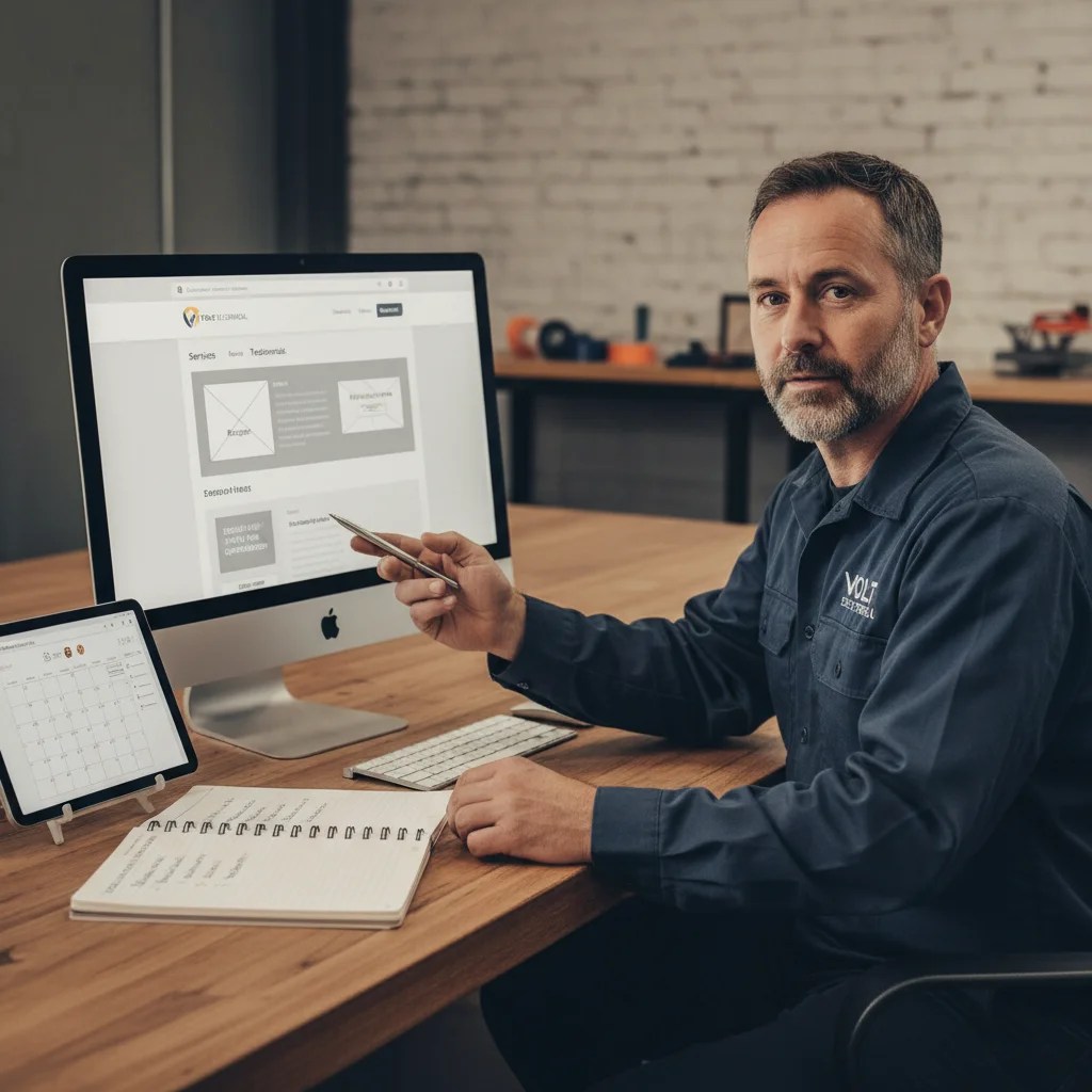 Electrician reviewing website changes and client enquiry process